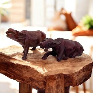 Two Vintage Kenyan Hand Carved Wood Water Buffalo Figurine